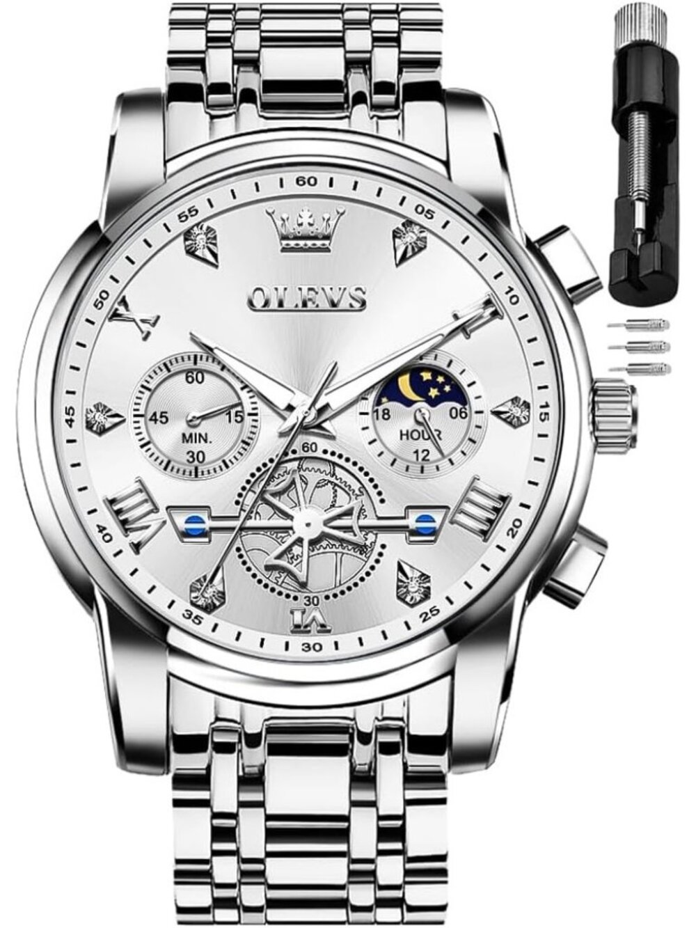 Men's Silver Skeleton Stainless Steel Diamond Multi Calendar Chronograph Watch